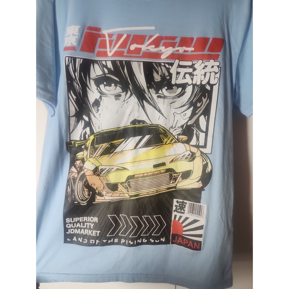 Launder JDM Nissan Anime Drift Car Graphic Tee Mens Medium Light Blue